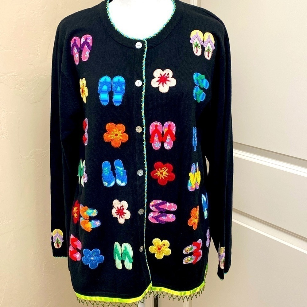 VTG Embroidered Cardigan Novelty Sweater Womens L 90’s Y2K Quirky Beach Artsy